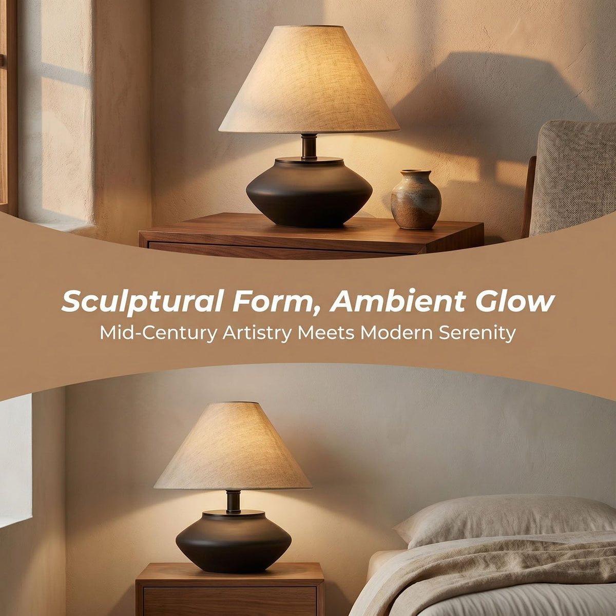 Merello Farmhouse Ceramic Table Lamp – Black Base, Linen Shade