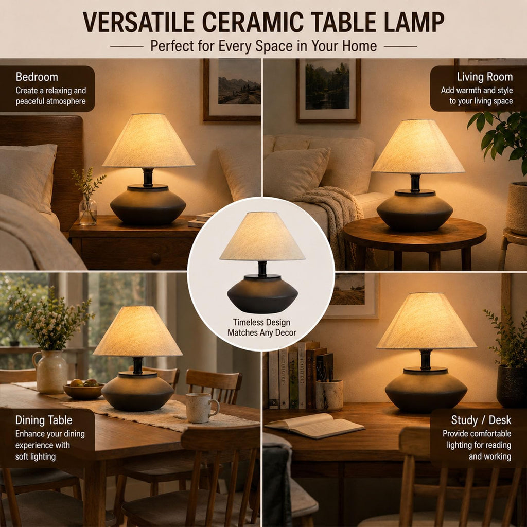 Merello Farmhouse Ceramic Table Lamp – Black Base, Linen Shade