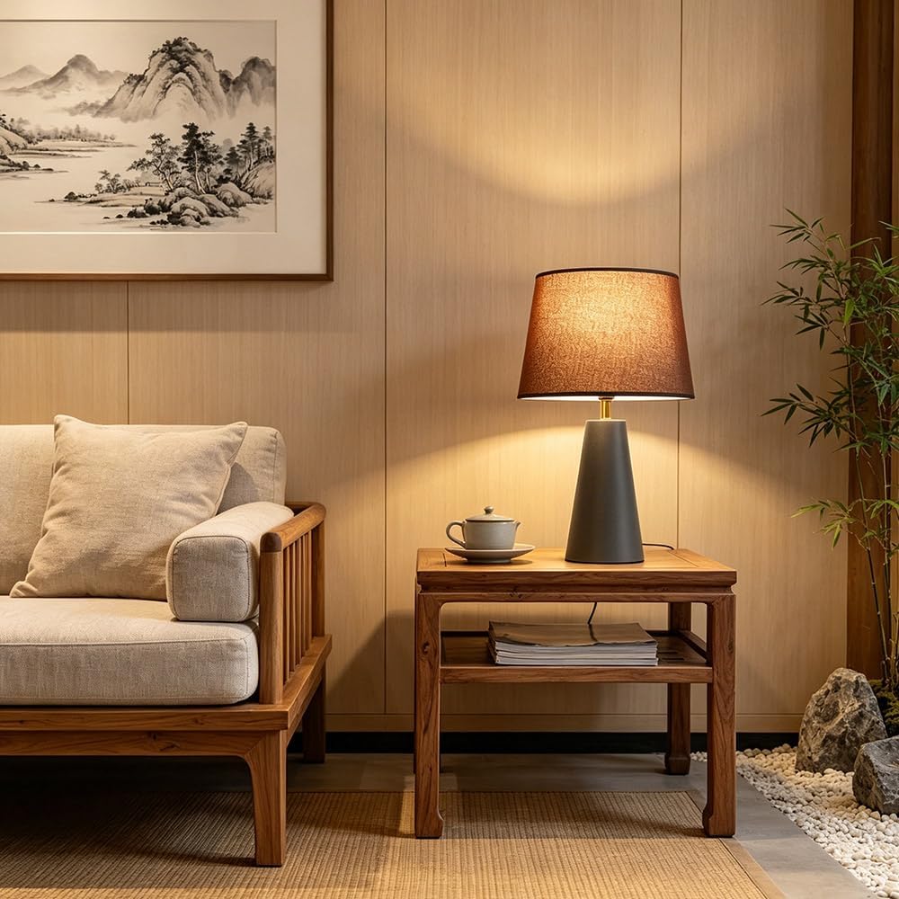 Merello Modern Bedside Table Lamp – Linen Shade, Black Metal Base