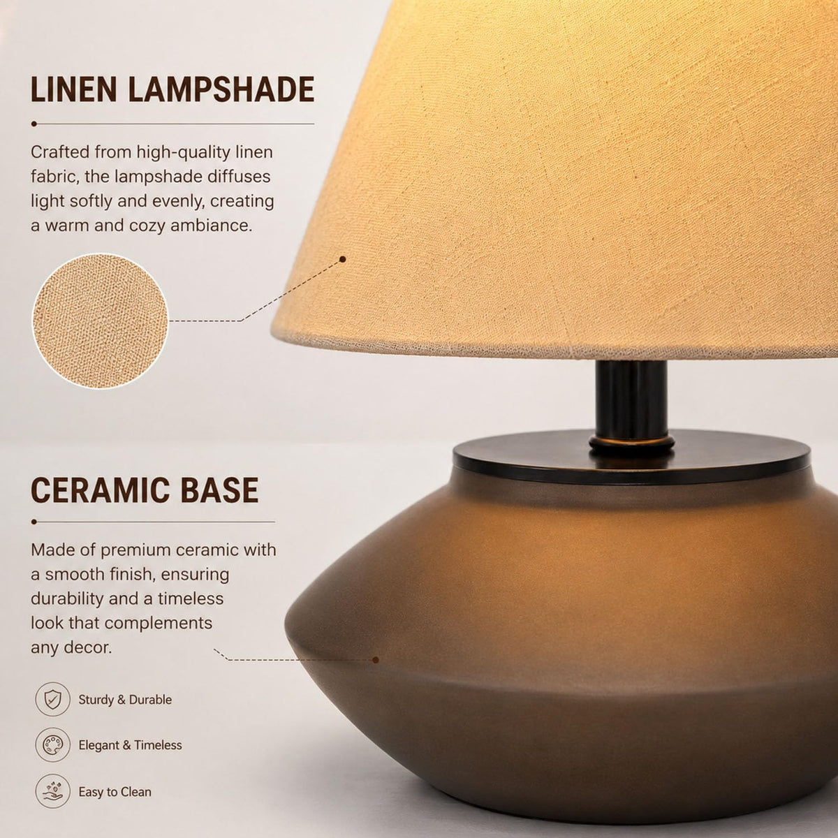 Merello Farmhouse Ceramic Table Lamp – Black Base, Linen Shade