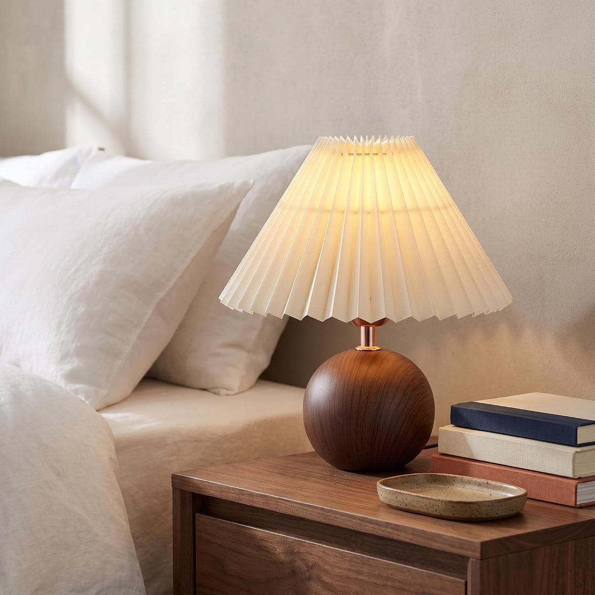 Merello Ceramic Globe Table Lamp – Walnut Base, Beige Shade