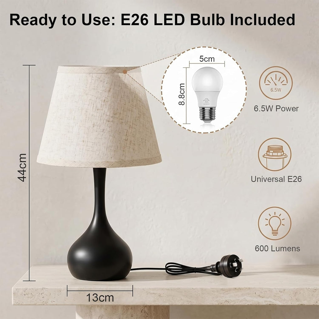 Merello Touch Bedside Table Lamp – 3-Way Dimmable with Fabric Shade