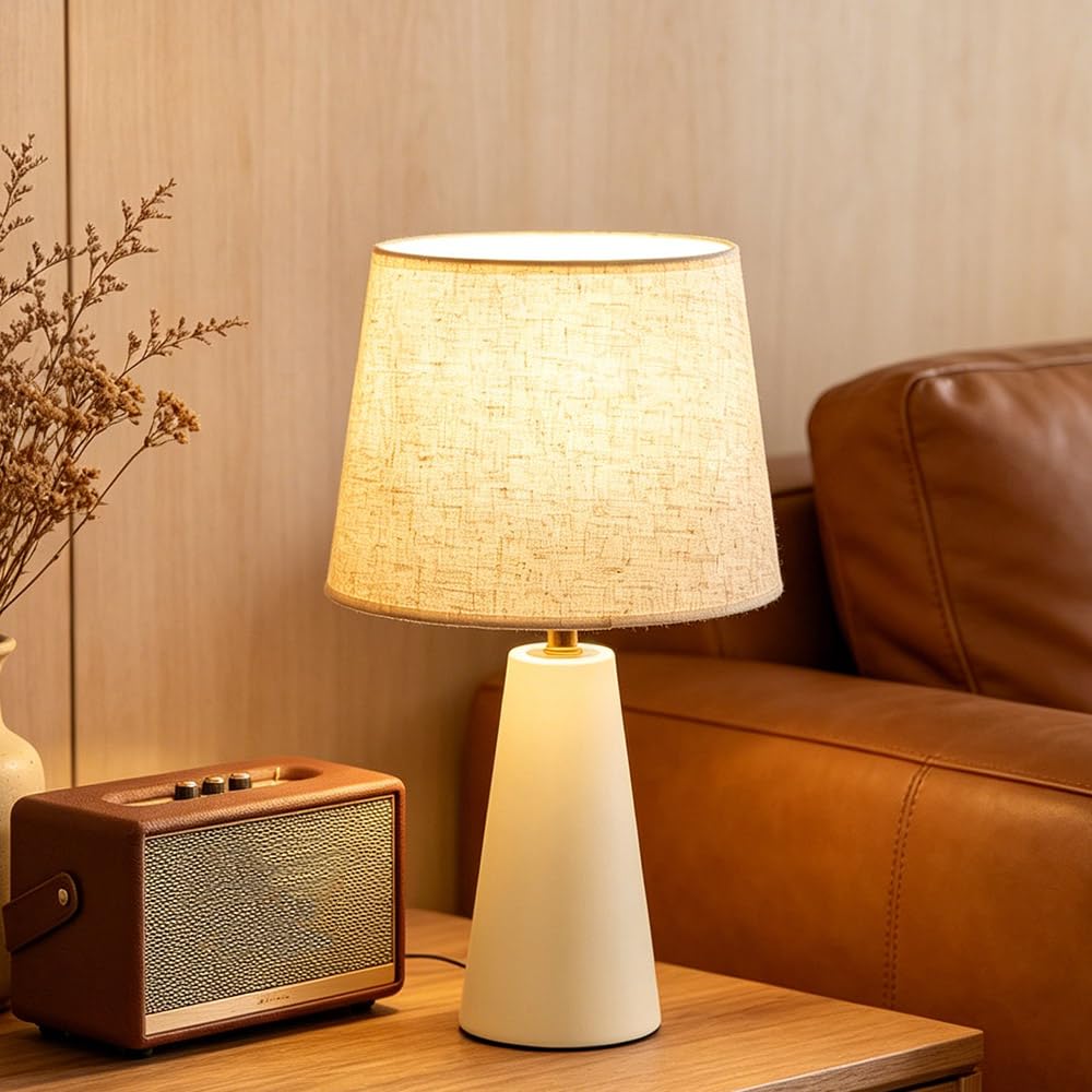 Merello Modern Bedside Table Lamp – Linen Shade, Black Metal Base