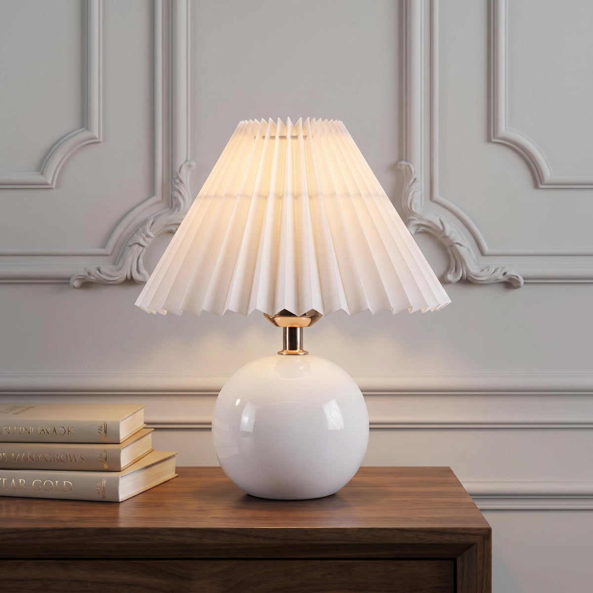 Merello Ceramic Globe Table Lamp – Walnut Base, Beige Shade