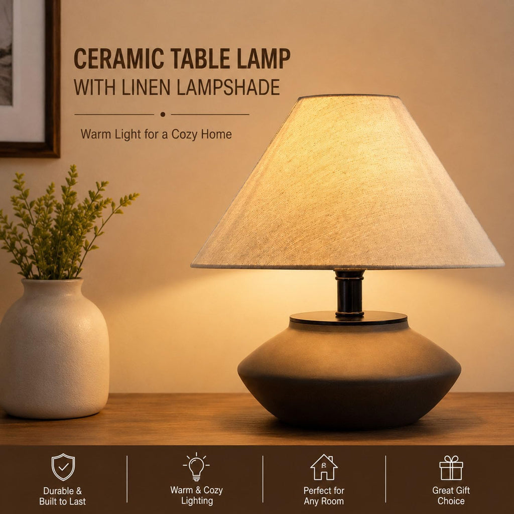 Merello Farmhouse Ceramic Table Lamp – Black Base, Linen Shade