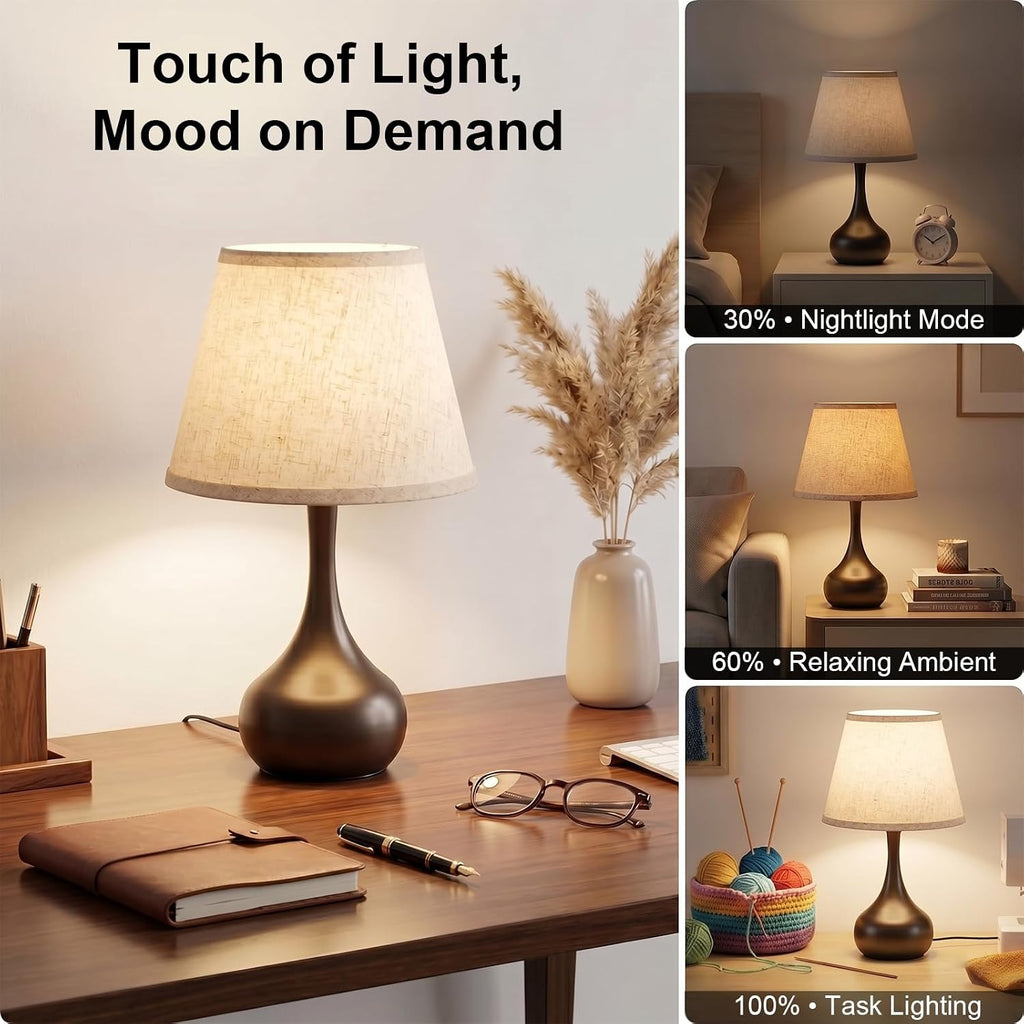 Merello Touch Bedside Table Lamp – 3-Way Dimmable with Fabric Shade