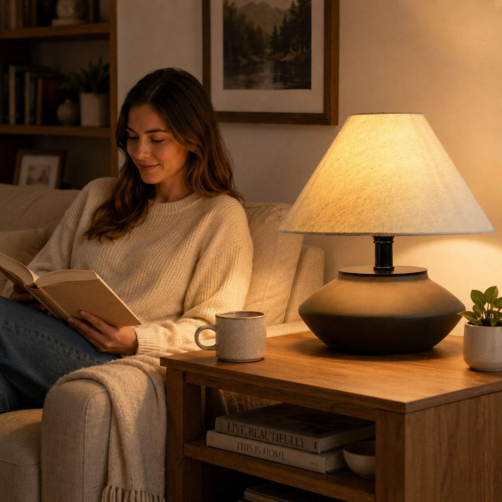 Merello Farmhouse Ceramic Table Lamp – Black Base, Linen Shade